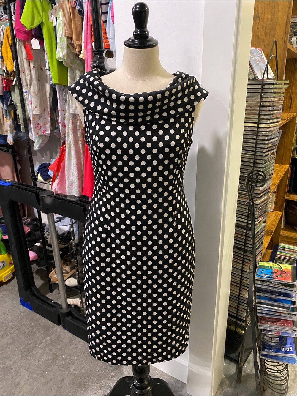 Tahari Black and White Polka Dot Cowl Neck Midi Dress
